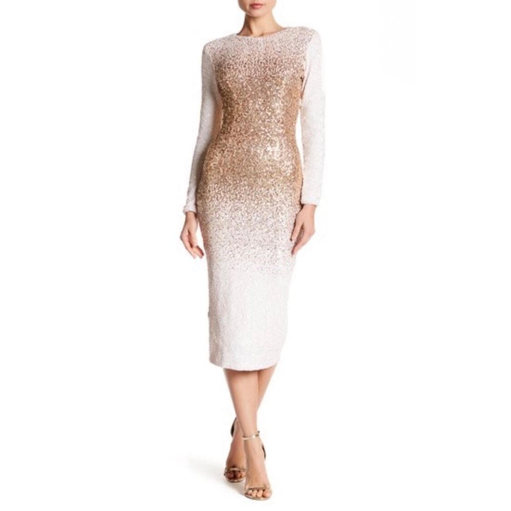 DRESS THE POPULATION Long Sleeve All Sequin Dress